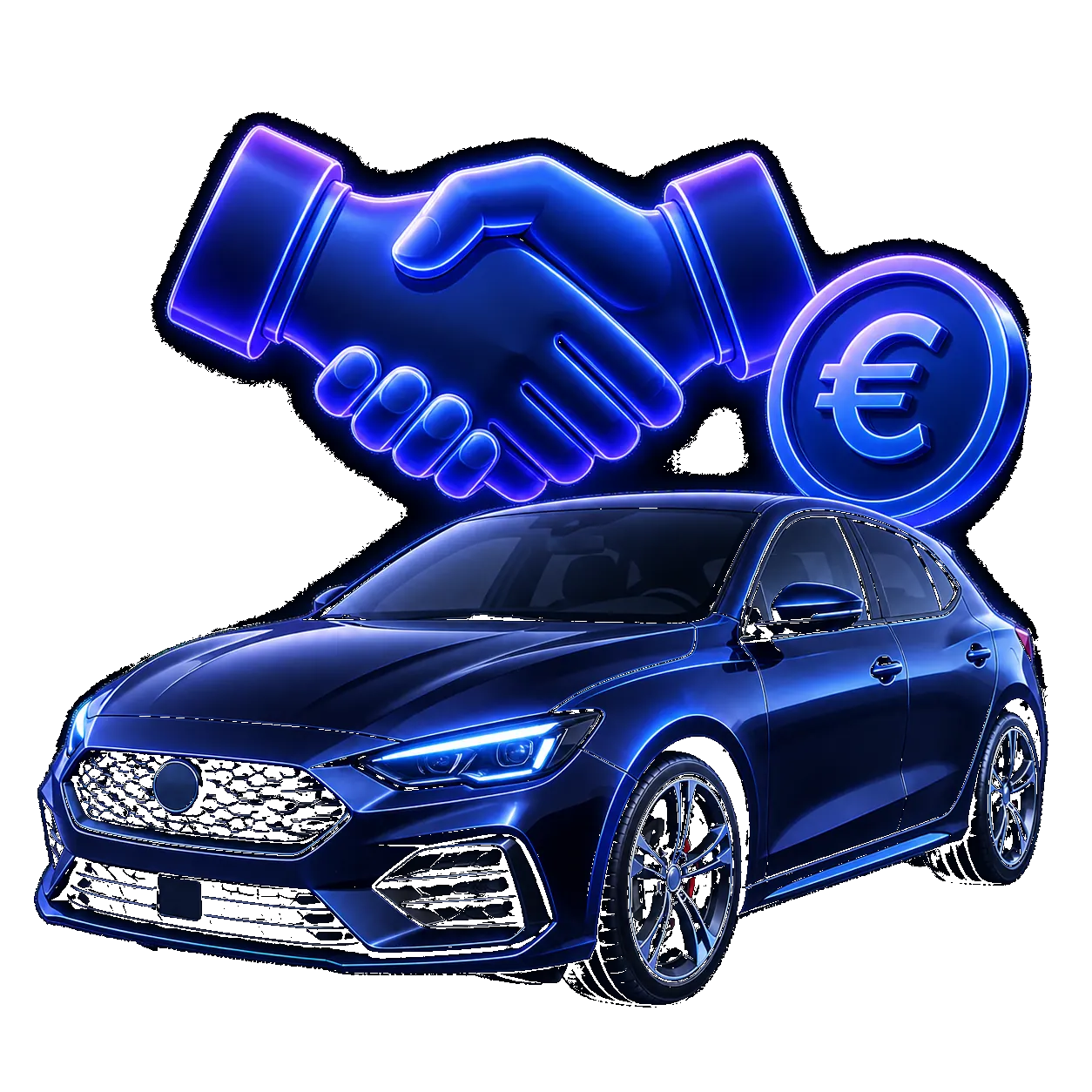 Coche azul con símbolo del euro y apretón de manos